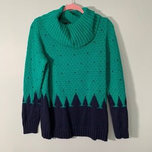 Talbots Womens Wool Blend Green Navy Fair Isle Tree Cowl Neck Sweater Size L